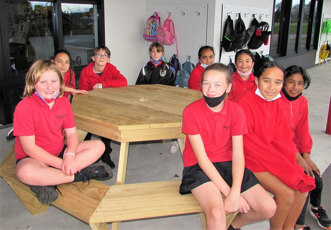Bishopdale Primary School Students utilising one of the new outdoor tables