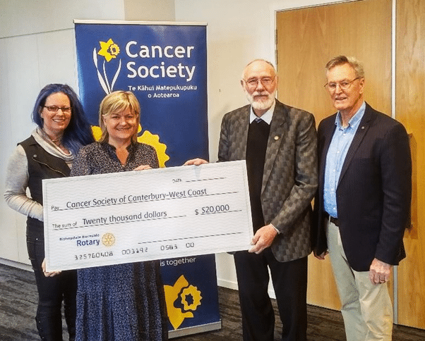 Rotary Club of Bishopdale Burnside presenting a cheque to Canterbury West Coast Cancer Society for purchase of Televisions for each of the rooms at the Cancer Society's New Support Centre