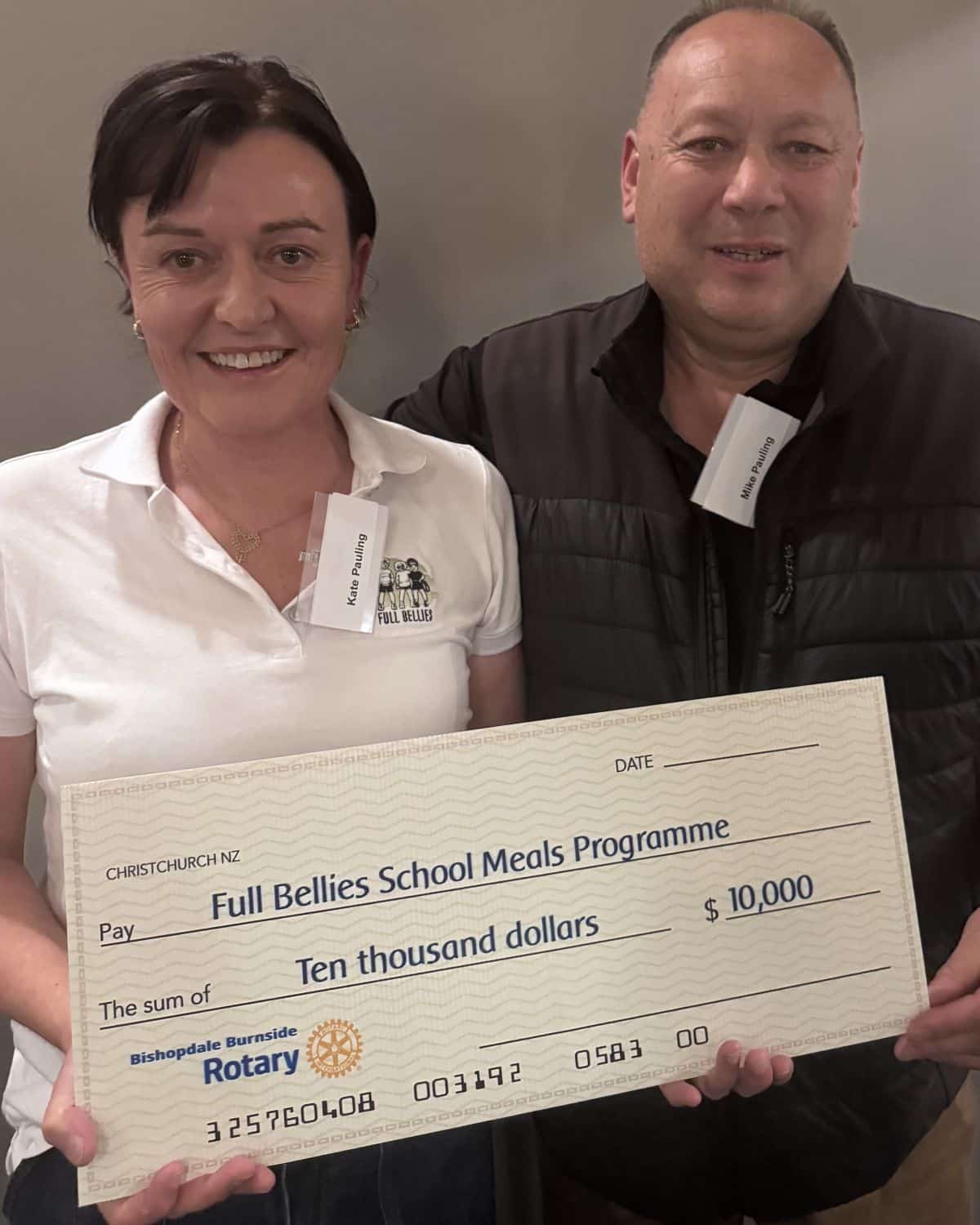 Rotary Club of Bishopdale Burnside donation to the Full Bellies Charitable Trust
